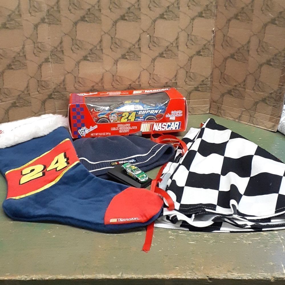 Nascar Jeff Gordon bundle.  Candy Car, xmas stocking, tree skirt, hat, mini car.